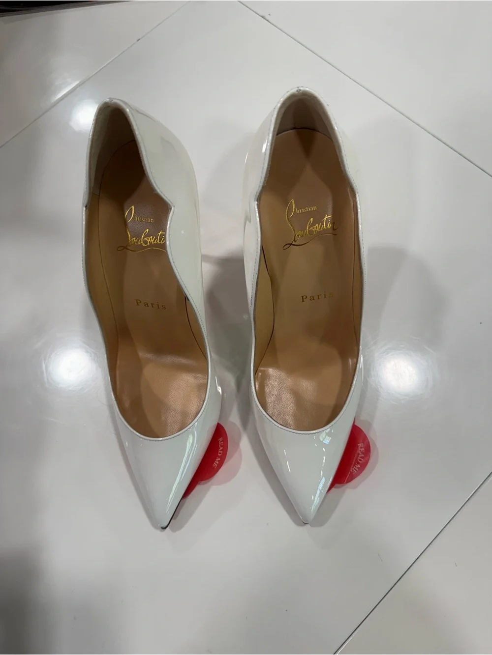 Christian Louboutin White Patent Pointed-Toe Pumps with Signature Red Sole - Picture 9 of 10